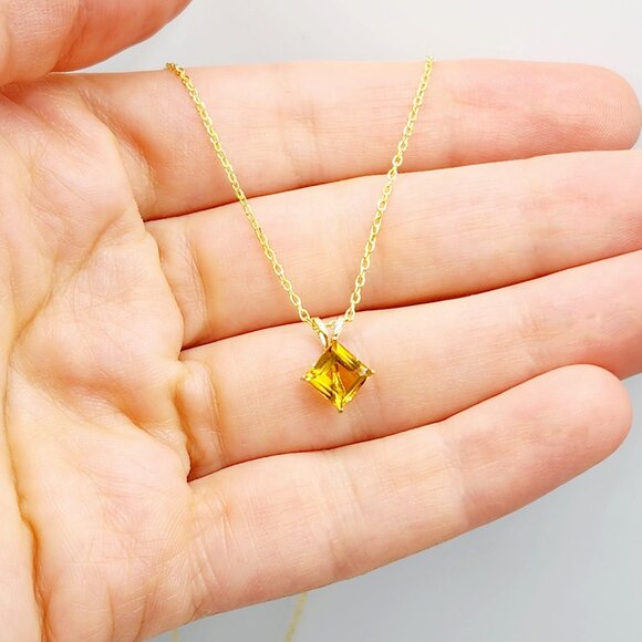 Gold Citrine Pendant Necklace , 10K Yellow Gold Citrine 6x6mm Pendant - Picture 2 of 10